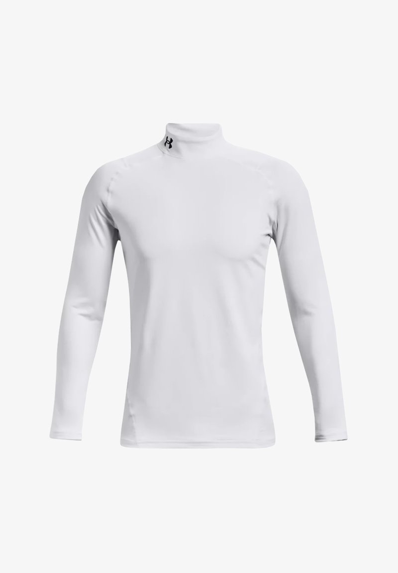 Camisa branca de manga longa com gola alta, feita de um material liso e elástico, com um design ajustado. Apresenta o logótipo da Under Armour perto da gola.