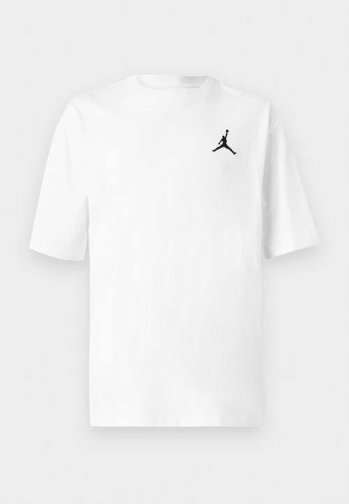 Bílé bavlněné tričko s kulatým výstřihem a krátkými rukávy. Na levé straně hrudi je malý černý logo Jordan.