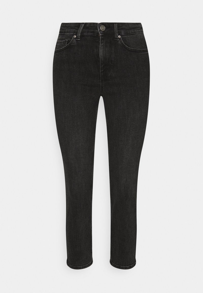 Jean slim noir avec bouton frontal, fermeture éclair, passants pour ceinture et design à cinq poches.