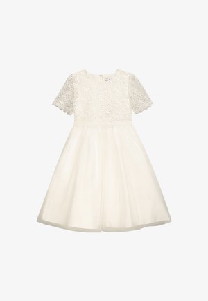 Weißes Kleid mit einem Spitzenoberteil, kurzen Ärmeln und einem Tüllrock. Es verfügt über einen gerundeten Ausschnitt und einen teilweisen Reißverschluss am Rücken.