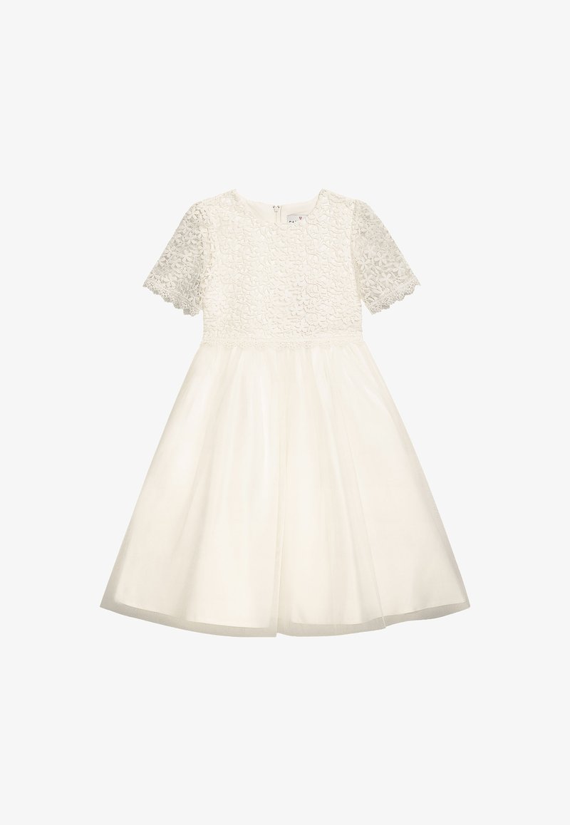 Weißes Kleid mit einem Spitzenoberteil, kurzen Ärmeln und einem Tüllrock. Es verfügt über einen gerundeten Ausschnitt und einen teilweisen Reißverschluss am Rücken.