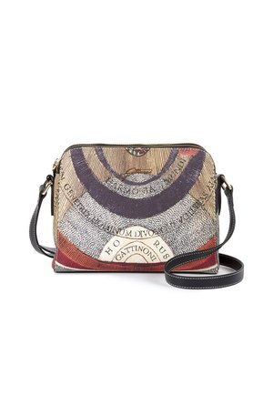 Multicolored canvas crossbody bag with a zip closure, featuring printed designs, black leather accents, and an adjustable strap.