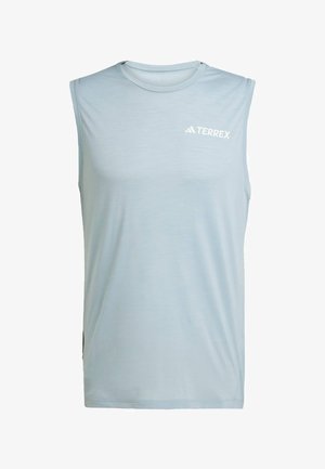 Tricou athletic fără mâneci, de culoare albastru deschis, realizat dintr-un material ușor, având un decolteu rotund și un logo alb "TERREX" pe față.