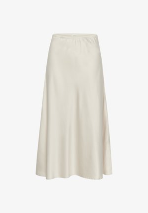 Kremkrāsas satīna svārki ar gludu tekstūru, vidējas garuma, un elastīgu jostasvītu ērtībai; maigi paplašinās no vidukļa.