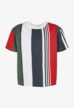 Lühikeste varrukatega puuvillane t-särk vertikaalsete triipudega punases, valges, rohelises ja tumesinises värvitoonis. Kompositsioon sisaldab ümmargust kaelust ja kontrastseid aktsente.