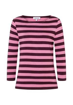 Langsleeve top met horizontale wijnrode en roze strepen. Zachte stof met een ronde halslijn en een rechte zoom voor een losse pasvorm.