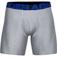 Graue Boxershorts aus leichtem Stoff. Mit einem blauen Logo-Bund und einer weichen, glatten Textur sowie einem enganliegenden Design.