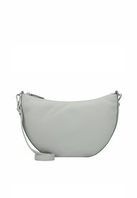 Borsa a tracolla in pelle grigia con silhouette arrotondata, chiusura con zip e tracolla regolabile. Texture liscia con design minimalista e accessori in argento.