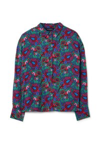 Langärmliges Hemd mit Knopfleiste in grünem Grundton und lebhaftem roten, blauen und lila Blumen- und Paisley-Muster.
