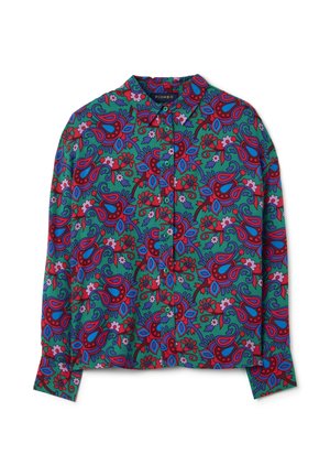 Camicia a maniche lunghe con bottoni, di base verde e con un vivace motivo floreale e paisley in rosso, blu e viola.