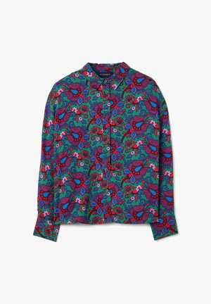 Camicia a maniche lunghe con bottoni, di base verde e con un vivace motivo floreale e paisley in rosso, blu e viola.