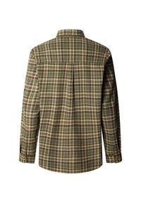 Langermet rutet skjorte med fargene grønn, brun og beige, med knappeduff og standard krage.