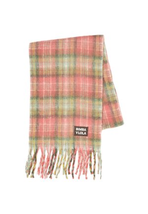 Pehmeä vaaleanpunainen, vihreä ja keltainen ruutuhuivi, jossa on tupsut päissä ja pieni "Bimba Y Lola" -merkki yhdellä puolella.