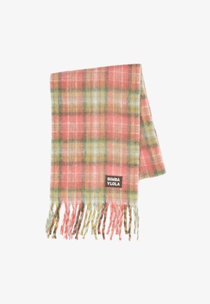 Sciarpa a quadri morbida nei toni del rosa, verde e giallo, con frange alle estremità e una piccola etichetta "Bimba Y Lola" su un lato.