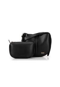 Black leather shoulder bag with adjustable strap, featuring a smooth texture and gold brand accent. Includes a smaller matching pouch.