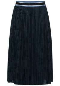 Plisovaná sukně v námořnické modři s elastickým pasem pruhovaným v černé, světle modré a tmavě modré barvě. Měkká textura a splývavý design.