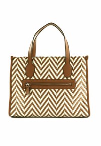 Borsa tote con un motivo a zigzag marrone e crema, dotata di manici in pelle e una tasca anteriore con zip e dettagli in pelle.
