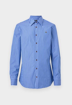 Μπλε και ανοιχτό μπλε κάθετο ριγέ πουκάμισο με μακριά μανίκια, καφέ κουμπιά και μικρό κεντημένο λογότυπο στο αριστερό στήθος.