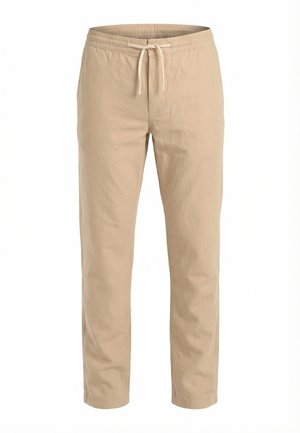 Pantalones casuales beige con cintura elástica y cordón blanco, corte recto, confeccionados con tela ligera.