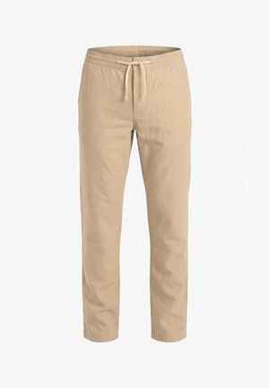 Pantalon décontracté beige avec ceinture élastique et cordon blanc, coupe droite, fabriqué en tissu léger.