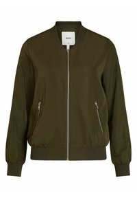 Veste bomber vert olive en tissu lisse, avec une fermeture éclair à l'avant, des poignets et un ourlet côtelés, et deux poches latérales zippées.