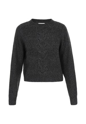 Sötét szürke kötött pulóver, kerek nyakkal, elől zsinórmintával, bordázott mandzsettákkal és aljjal. Rövidített hossz.