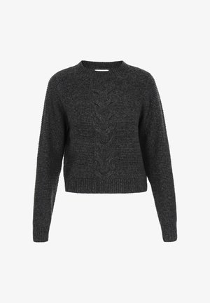 Dark gray knitted sweater with a crew neck, featuring a cable knit pattern on the front and ribbed cuffs and hem. Cropped length.