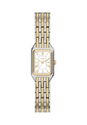 Montre carrée Fossil avec un cadran blanc, des chiffres romains dorés, et un bracelet en métal bicolore composé de maillons alternés dorés et argentés.