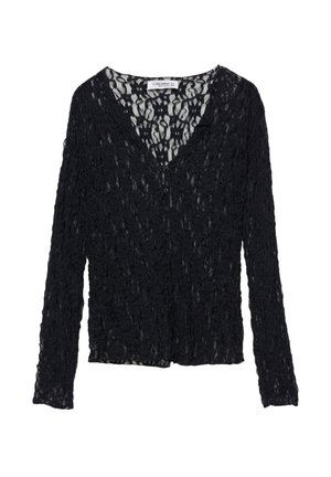 Cardigan in pizzo nero con maniche lunghe, scollatura a V, chiusura a bottoni e motivo testurizzato. Tessuto leggero e semi-trasparente.