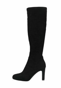 Black knee-high boots made of soft suede, featuring a pointed toe and a 4-inch stiletto heel, with a smooth texture and fitted design.