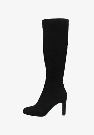 Black knee-high boots made of soft suede, featuring a pointed toe and a 4-inch stiletto heel, with a smooth texture and fitted design.