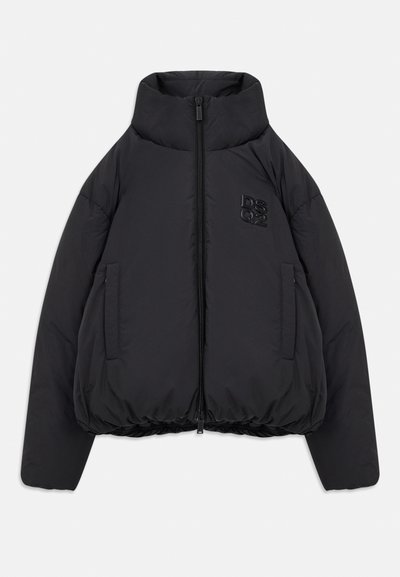 Black puffer jacket with high collar, front zipper, side pockets, elastic hem, and embossed "DSQ2" logo on the chest.