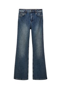 Jean en denim bleu à jambes larges avec un délavage, cinq poches et une fermeture à bouton. Ourlet cousu avec une finition soignée.