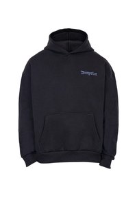 Black hoodie with a kangaroo pocket, a drawstring hood, and a small blue "Dropsize" logo embroidered on the chest. Cotton blend material.