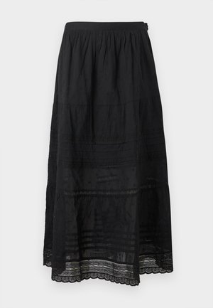 Μαύρη φούστα αστραγάλου με σούρα στη μέση, κεντητά λουλουδάτα μοτίβα, οριζόντιες δαντέλες και τελείωμα με οδοντωτή δαντέλα.