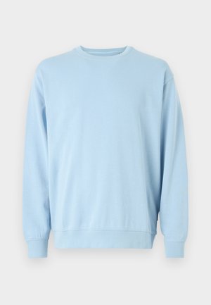 Felpa azzurro chiaro con maniche lunghe, scollo a girocollo, tessuto morbido, polsini e orlo a coste, con un design semplice e senza ornamenti.