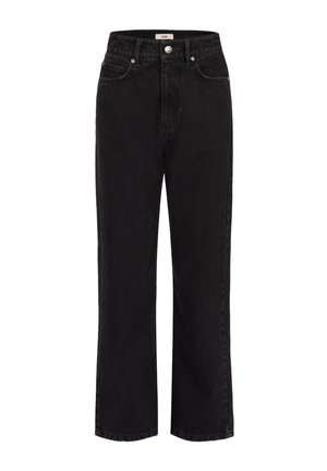 Czarne dżinsy o prostych nogawkach i wysokim stanie, z przednimi kieszeniami, szlufkami na pasek oraz srebrnym zatrzaskiem.