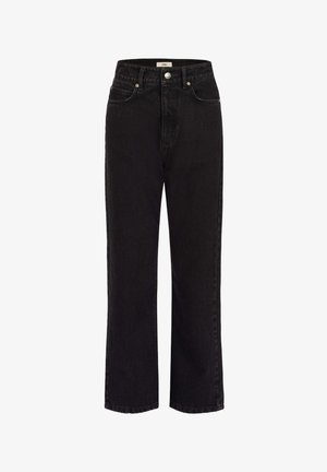 Czarne dżinsy o prostych nogawkach i wysokim stanie, z przednimi kieszeniami, szlufkami na pasek oraz srebrnym zatrzaskiem.