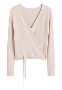Wrap-Style Langarmtop aus weichem, pinkfarbenem Rippstoff, mit tiefem V-Ausschnitt und einer Bindung in der Taille für eine verstellbare Passform.