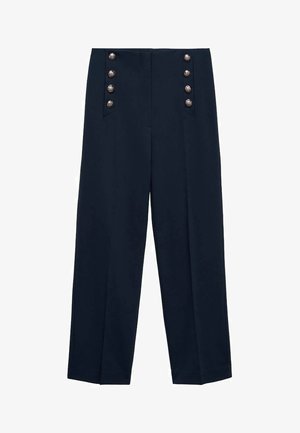 Mornarice široke hlače z visokim pasom, sprednjimi žepi in šestimi dekorativnimi srebrnimi gumbi na pasu. Gladka tekstura tkanine.