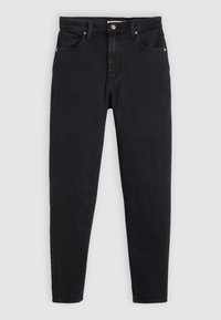Jean noir taille haute slim avec cinq poches et fermeture à bouton sur fond gris clair.