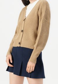 Beige neulottu neuletakki V-pääntie, jossa on tekstuurinen kangas, pitkät hihat ja kolme tumman painiketta edessä. Yhdistetty tummansinisiin hameeseen.