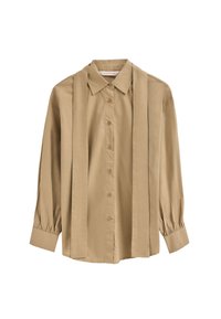 Beige Langarmhemd mit Kragen, mit Knopfverschluss, plissierten Akzenten und elastischen Bündchen, aus glattem Stoff gefertigt.