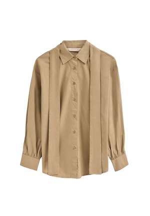 Beige Langarmhemd mit Kragen, mit Knopfverschluss, plissierten Akzenten und elastischen Bündchen, aus glattem Stoff gefertigt.