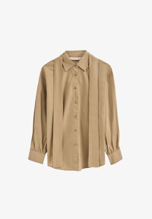 Beige Langarmhemd mit Kragen, mit Knopfverschluss, plissierten Akzenten und elastischen Bündchen, aus glattem Stoff gefertigt.