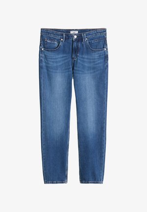 Blaue Jeans mit geradem Bein, Vordertaschen, Gürtelschlaufen und Knopfverschluss, mit leichter Verblassung an den Oberschenkeln.