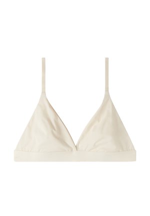 Beige triangular bralette with slim adjustable straps and a soft fabric texture. Features a smooth finish and no additional hardware.