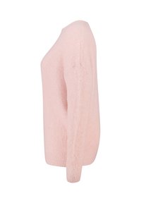 Pull rose clair en maille avec col rond, manches longues et texture douce et pelucheuse. Présente une coupe décontractée et un ourlet côtelé.
