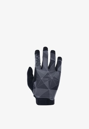 Gray and black patterned sports glove with geometric design and adjustable wrist strap shown from the back side with fingers extended.