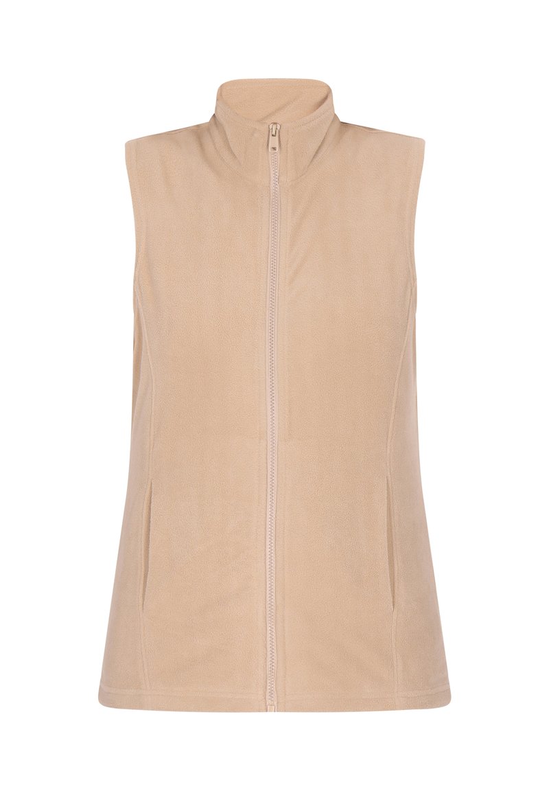 Gilet in pile beige con colletto alto, zipper frontale e due tasche laterali. Presenta una texture liscia e un design semplice senza maniche.